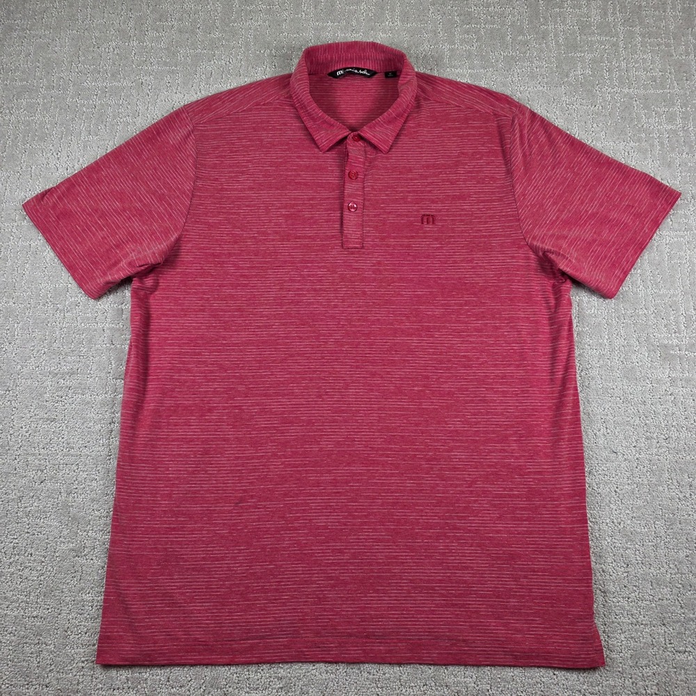 TravisMathew Mens XL Red Heathered Micro Stripe Short Sleeve Golf Polo Shirt